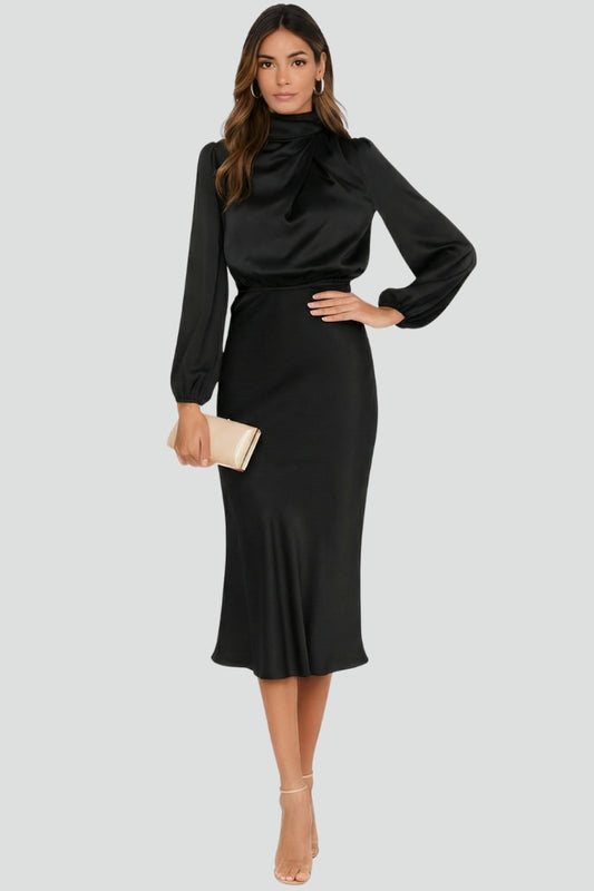 Noriela | Women’s High Neck Midi Dress Long Sleeve Draped Neck Fitted Waist