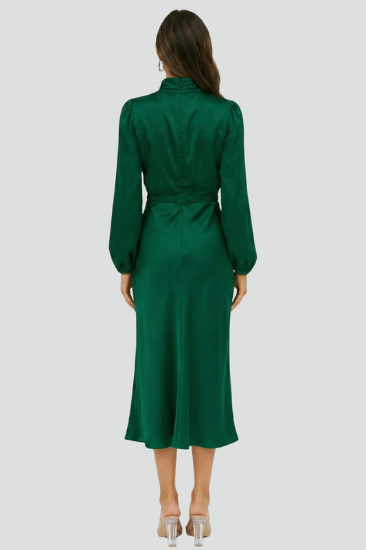 Noriela | Women’s High Neck Midi Dress Long Sleeve Draped Neck Fitted Waist