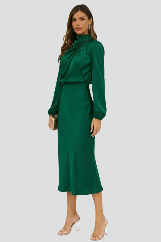 Noriela | Women’s High Neck Midi Dress Long Sleeve Draped Neck Fitted Waist