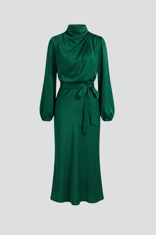 Noriela | Women’s High Neck Midi Dress Long Sleeve Draped Neck Fitted Waist