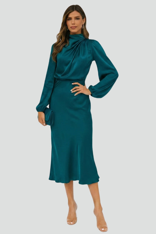 Noriela | Women’s High Neck Midi Dress Long Sleeve Draped Neck Fitted Waist