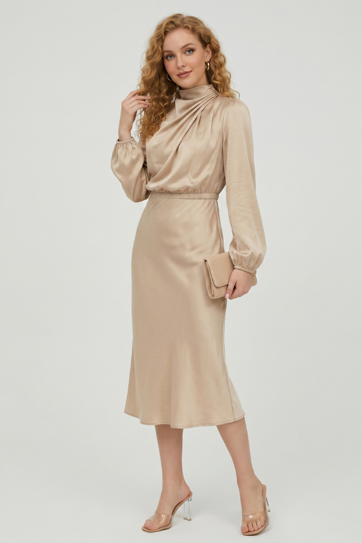 Noriela | Women’s High Neck Midi Dress Long Sleeve Draped Neck Fitted Waist