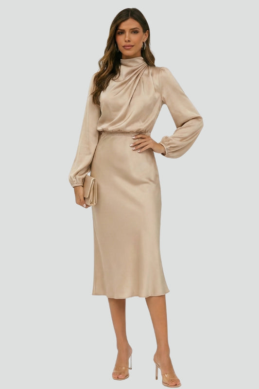 Noriela | Women’s High Neck Midi Dress Long Sleeve Draped Neck Fitted Waist