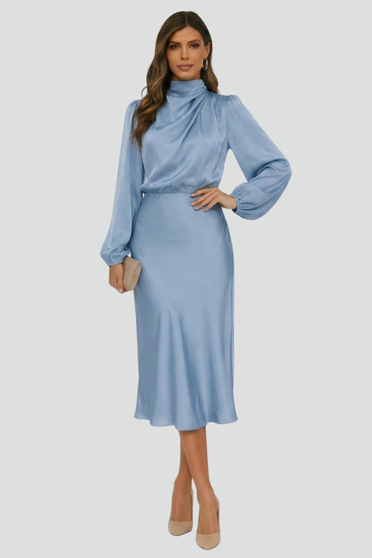 Noriela | Women’s High Neck Midi Dress Long Sleeve Draped Neck Fitted Waist