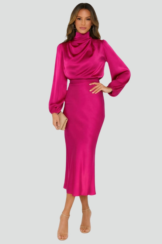 Noriela | Women’s High Neck Midi Dress Long Sleeve Draped Neck Fitted Waist