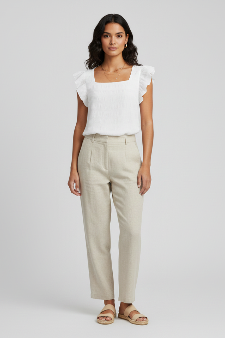Nura | Women’s Square Neck Top – Textured Woven Blouse Short Sleeve Relaxed Fit