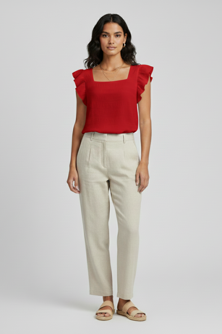 Nura | Women’s Square Neck Top – Textured Woven Blouse Short Sleeve Relaxed Fit
