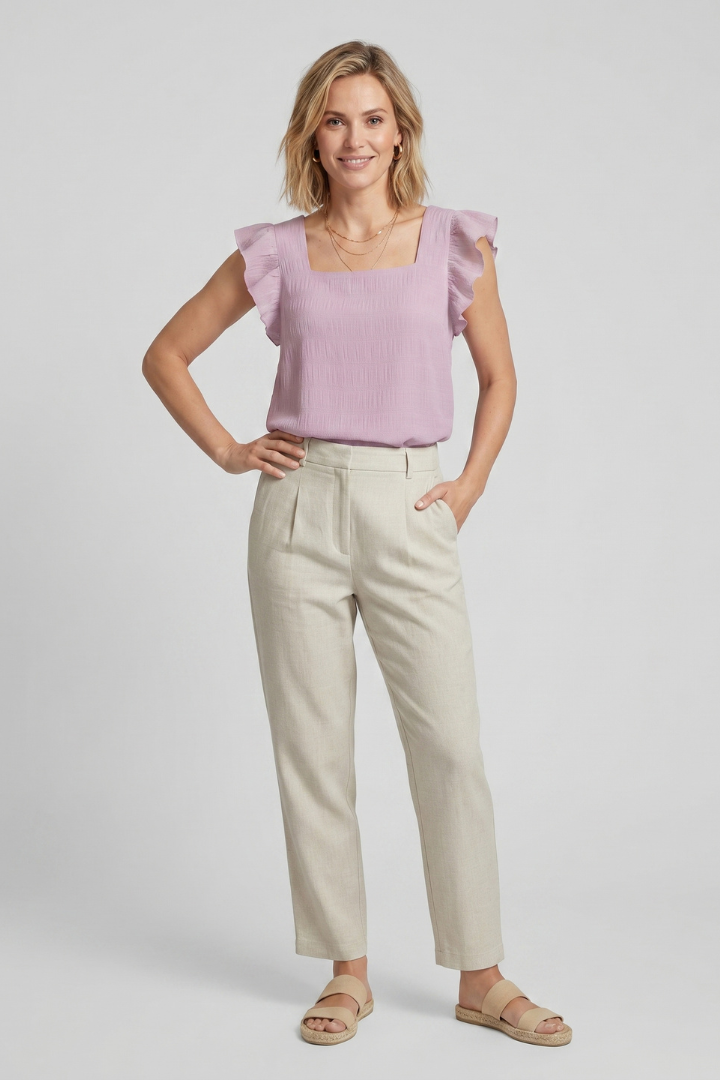 Nura | Women’s Square Neck Top – Textured Woven Blouse Short Sleeve Relaxed Fit