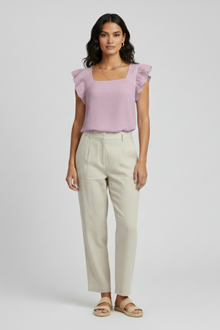 Nura | Women’s Square Neck Top – Textured Woven Blouse Short Sleeve Relaxed Fit