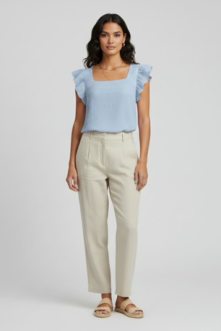 Nura | Women’s Square Neck Top – Textured Woven Blouse Short Sleeve Relaxed Fit