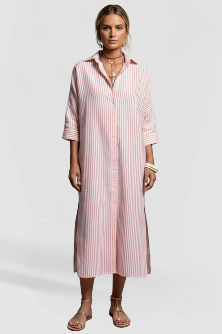 Nyla | Women’s Striped Shirt Dress – Button Front Collared Midi Dress with Side Slits, Long Sleeve Casual Elegant Workwear Dress