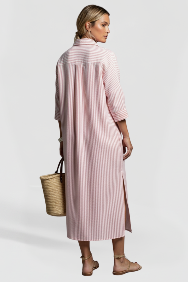 Nyla | Women’s Striped Shirt Dress – Button Front Collared Midi Dress with Side Slits, Long Sleeve Casual Elegant Workwear Dress