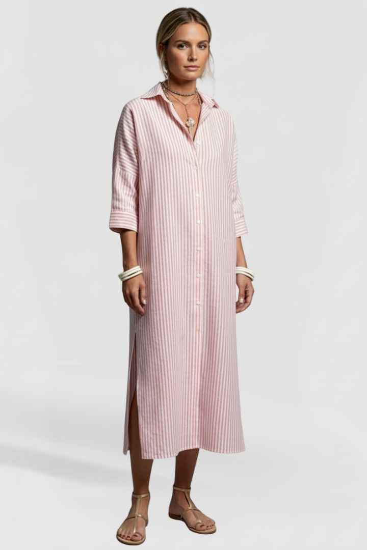 Nyla | Women’s Striped Shirt Dress – Button Front Collared Midi Dress with Side Slits, Long Sleeve Casual Elegant Workwear Dress