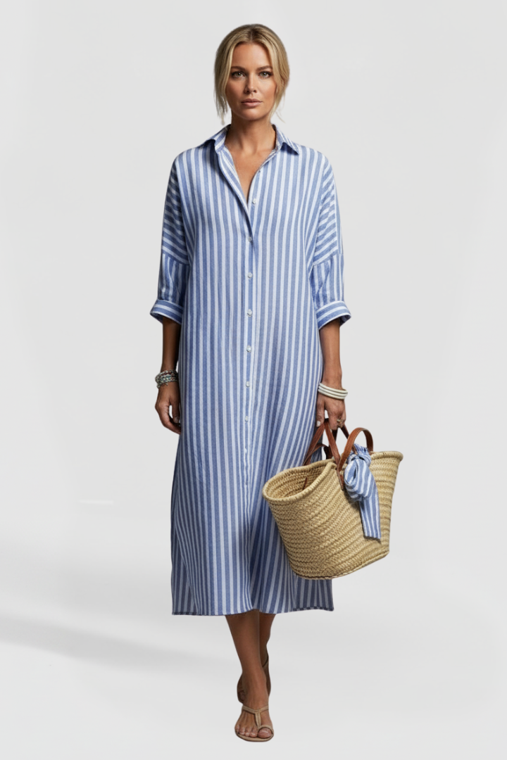 Nyla | Women’s Striped Shirt Dress – Button Front Collared Midi Dress with Side Slits, Long Sleeve Casual Elegant Workwear Dress