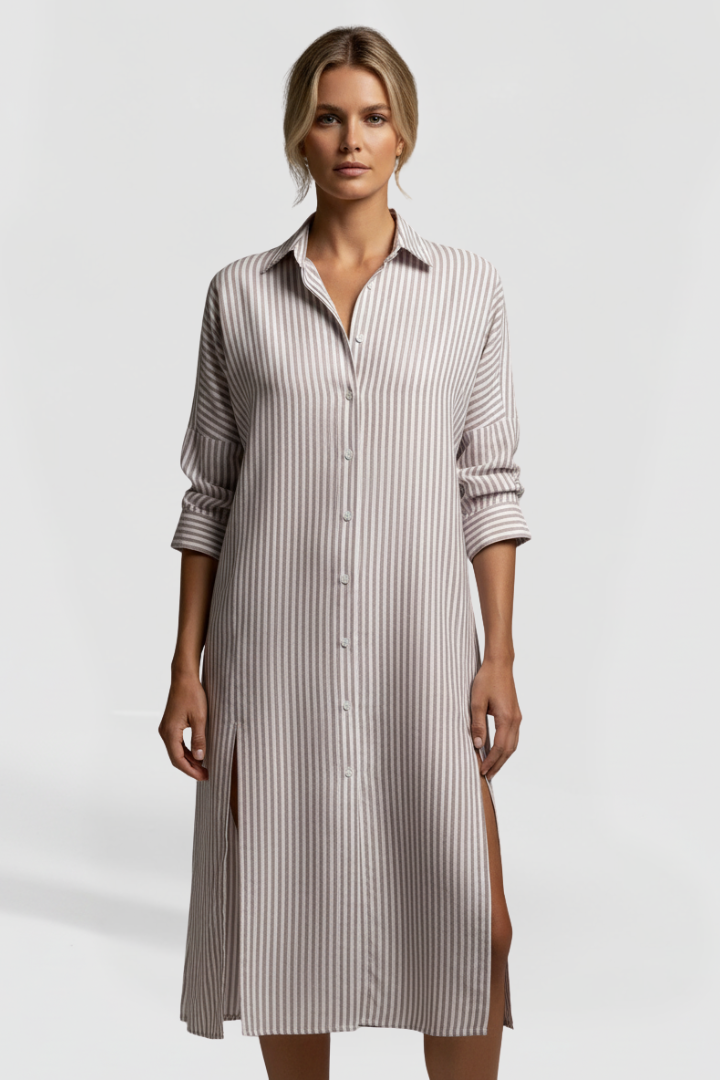 Nyla | Women’s Striped Shirt Dress – Button Front Collared Midi Dress with Side Slits, Long Sleeve Casual Elegant Workwear Dress