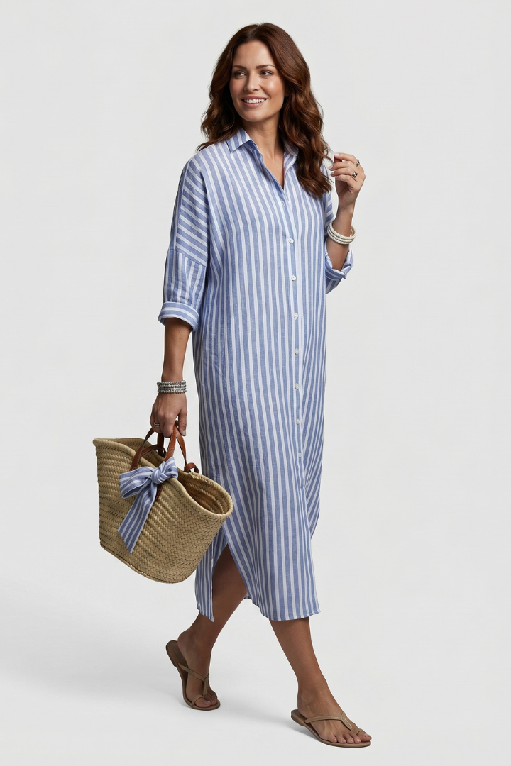 Nyla | Women’s Striped Shirt Dress – Button Front Collared Midi Dress with Side Slits, Long Sleeve Casual Elegant Workwear Dress
