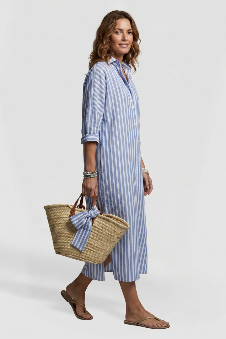 Nyla | Women’s Striped Shirt Dress – Button Front Collared Midi Dress with Side Slits, Long Sleeve Casual Elegant Workwear Dress