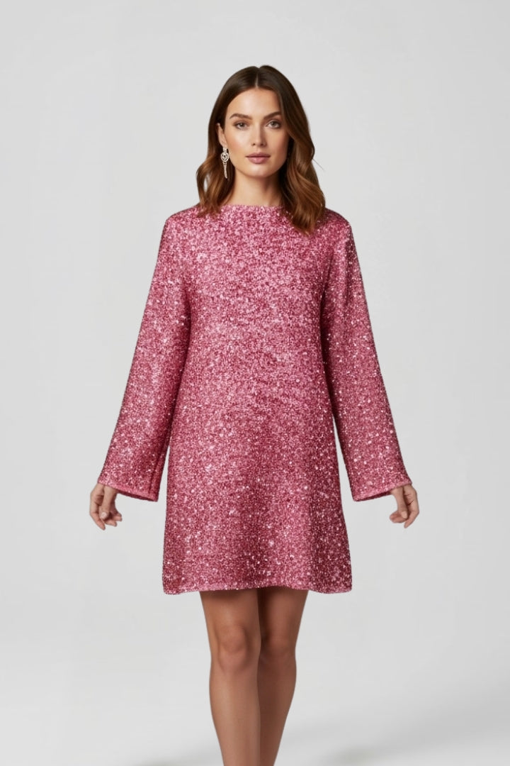 Nyra | Women’s Shimmer Mini Dress – Elegant Long Sleeve Textured Cocktail Evening Dress