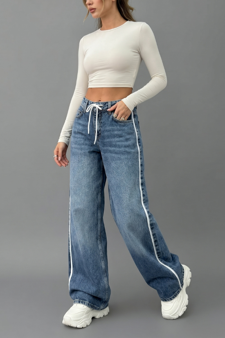 Nysa | Women's Wide-Leg Baggy Denim Pants - Adjustable Drawstring Waist