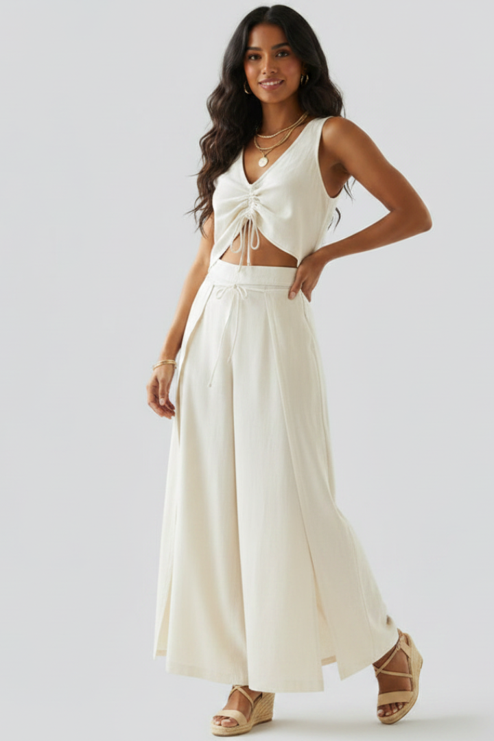 Nythera | Women’s Two Piece Set – Sleeveless V-Neck Drawstring Top & Wide Leg Pants