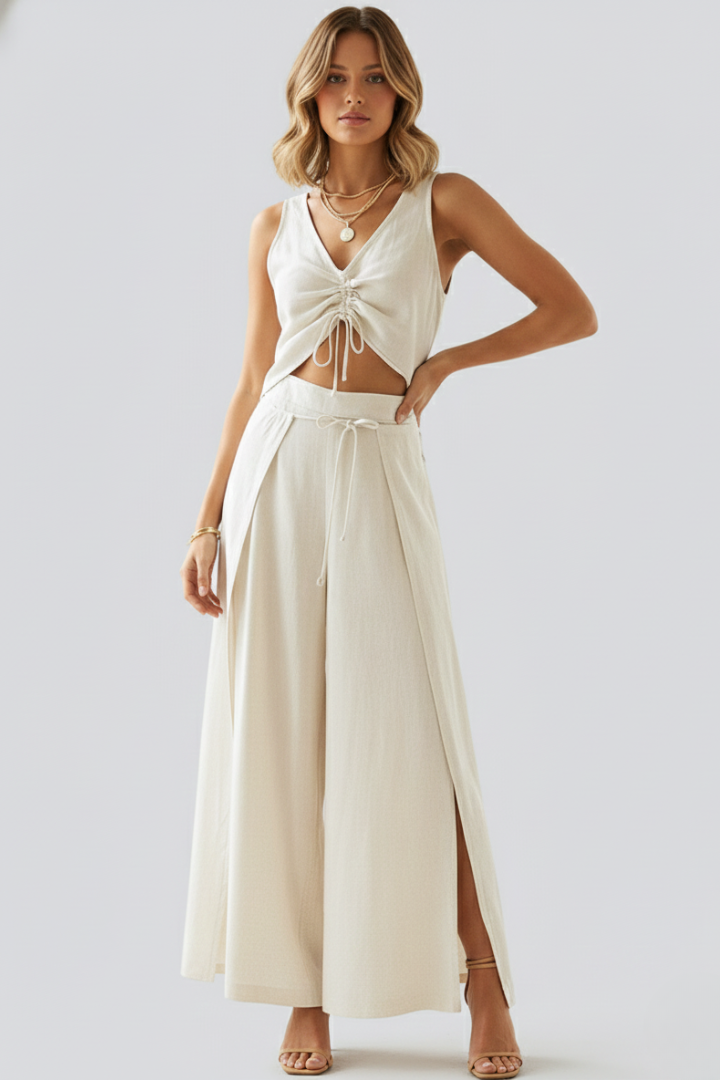 Nythera | Women’s Two Piece Set – Sleeveless V-Neck Drawstring Top & Wide Leg Pants