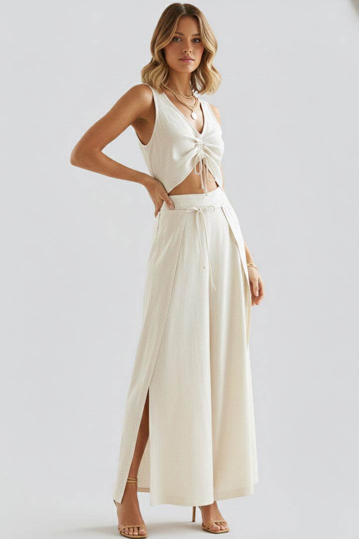 Nythera | Women’s Two Piece Set – Sleeveless V-Neck Drawstring Top & Wide Leg Pants
