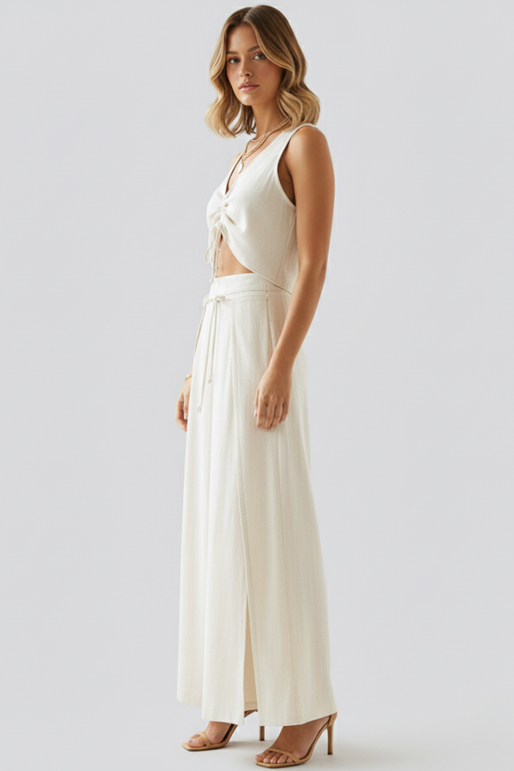 Nythera | Women’s Two Piece Set – Sleeveless V-Neck Drawstring Top & Wide Leg Pants