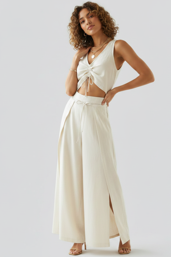 Nythera | Women’s Two Piece Set – Sleeveless V-Neck Drawstring Top & Wide Leg Pants