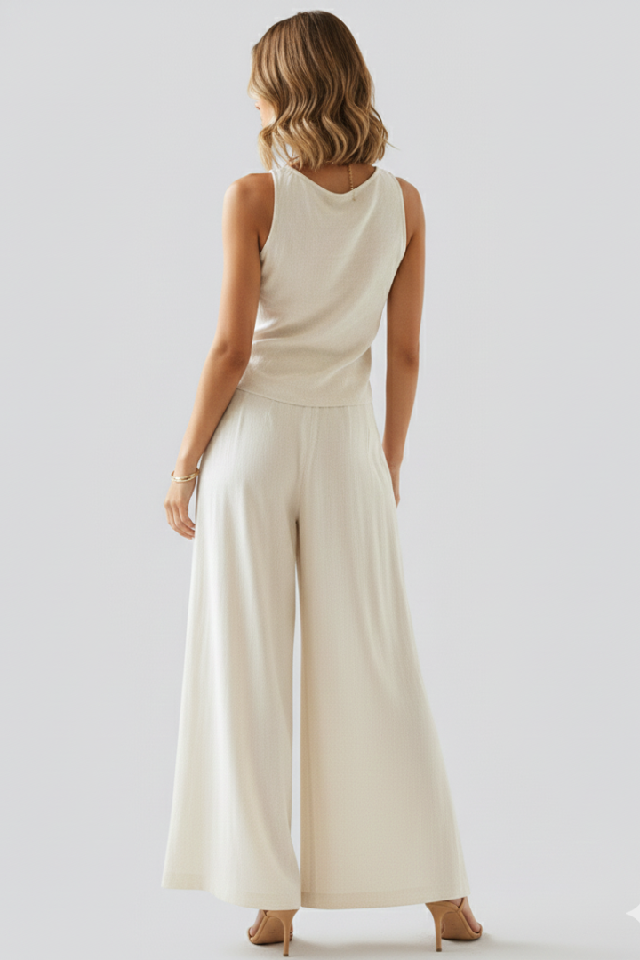 Nythera | Women’s Two Piece Set – Sleeveless V-Neck Drawstring Top & Wide Leg Pants