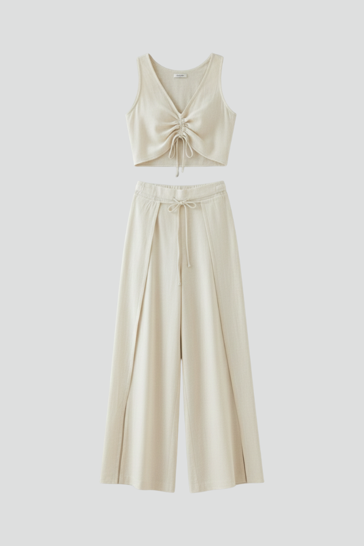 Nythera | Women’s Two Piece Set – Sleeveless V-Neck Drawstring Top & Wide Leg Pants