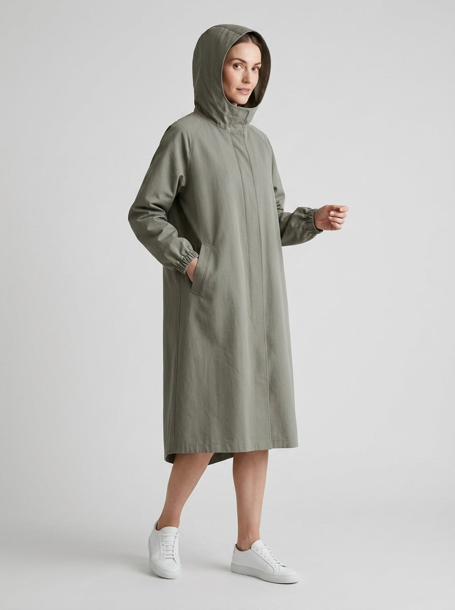 Odelisse | Women’s Long Hooded Coat with Button Closure, Side Pockets & Gathered Cuffs