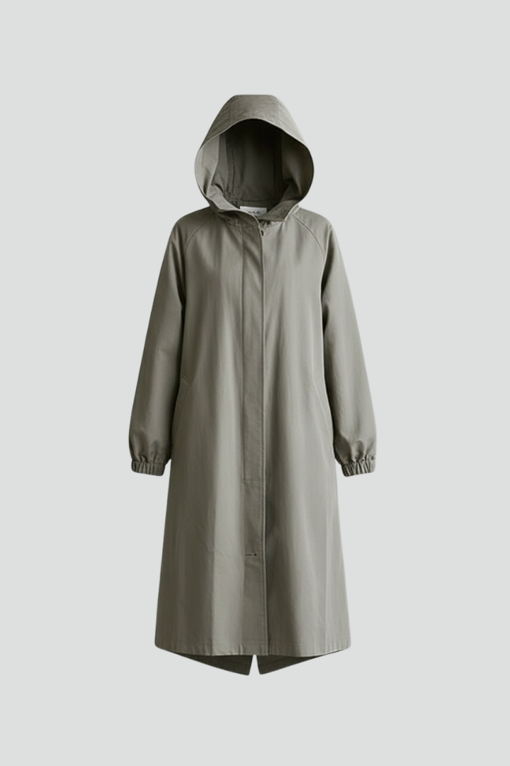 Odelisse | Women’s Long Hooded Coat with Button Closure, Side Pockets & Gathered Cuffs