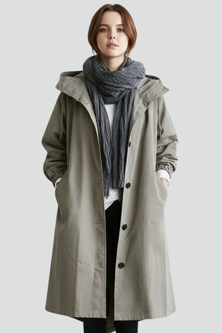 Odelisse | Women’s Long Hooded Coat with Button Closure, Side Pockets & Gathered Cuffs