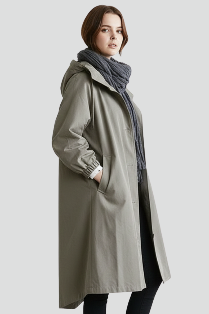 Odelisse | Women’s Long Hooded Coat with Button Closure, Side Pockets & Gathered Cuffs