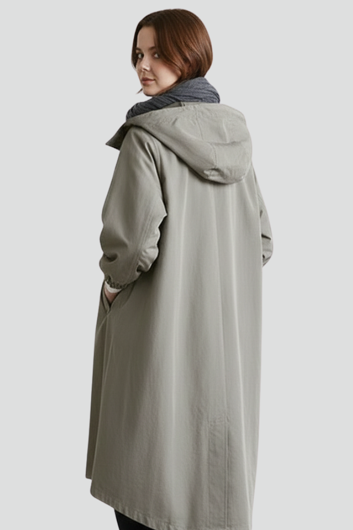 Odelisse | Women’s Long Hooded Coat with Button Closure, Side Pockets & Gathered Cuffs