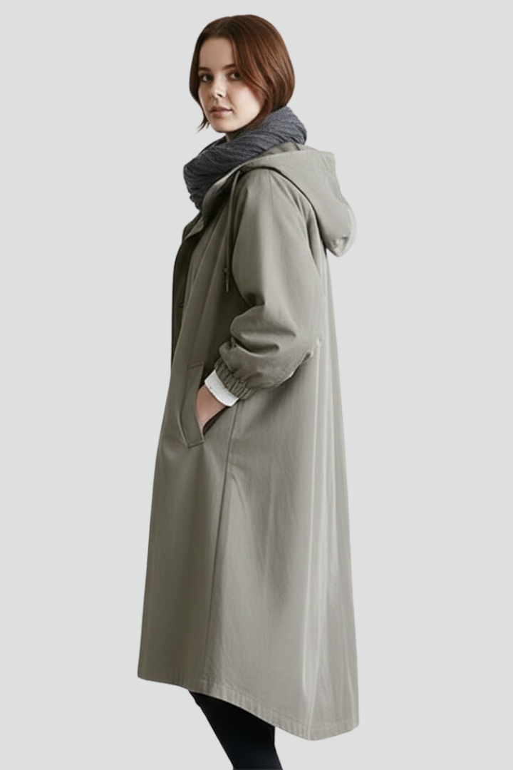Odelisse | Women’s Long Hooded Coat with Button Closure, Side Pockets & Gathered Cuffs