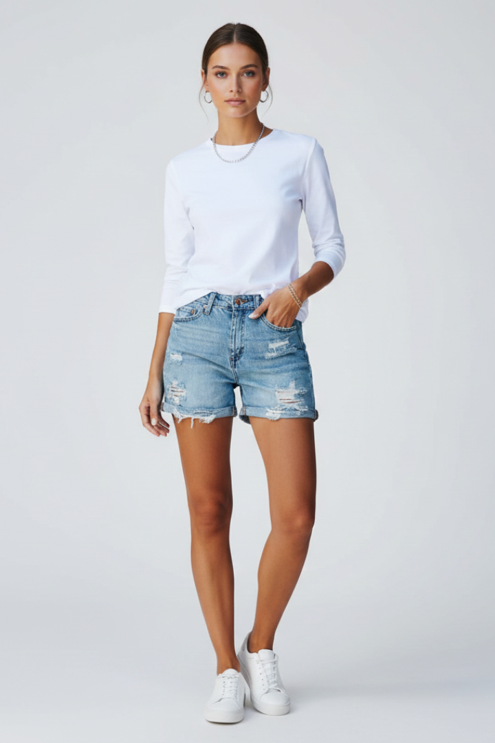 Olyssa | Women’s Distressed Denim Shorts – Ripped Frayed Fringe Hem Jean Shorts