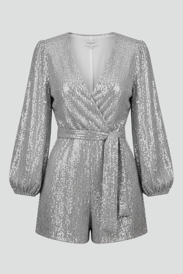 Oressa | Women's Sparkly Playsuit – Long Sleeve V-Neck Sequin Romper