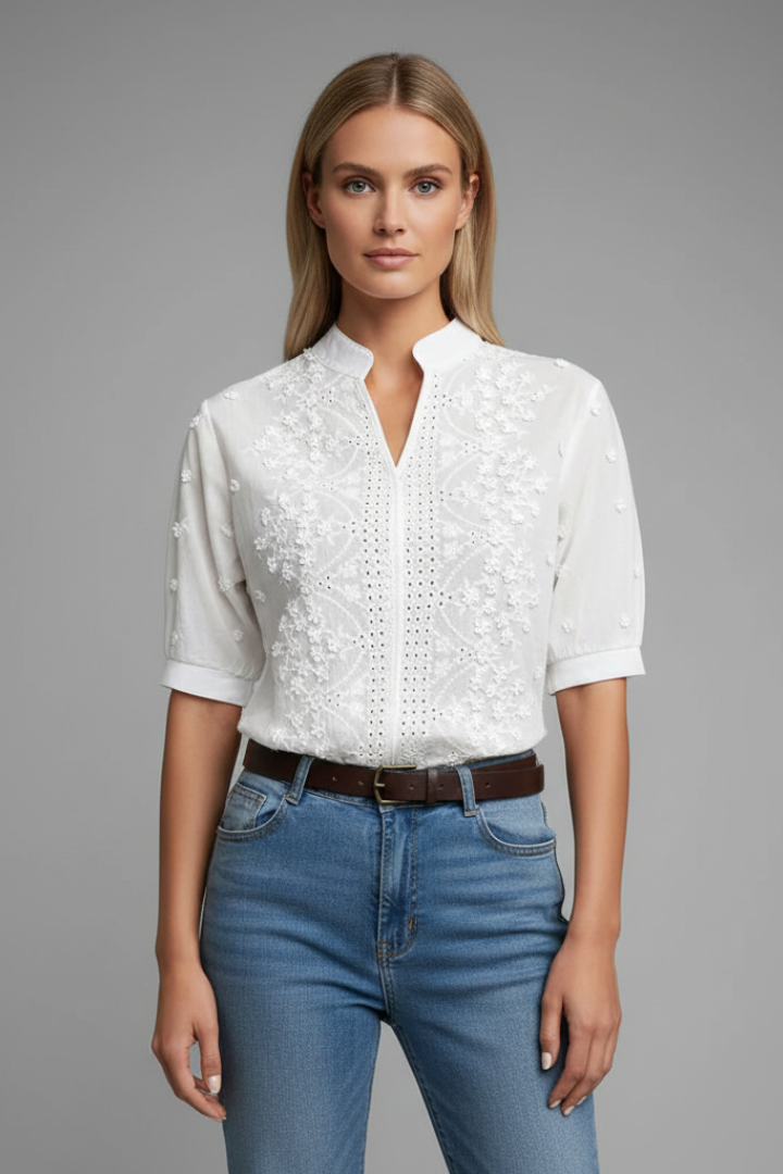 Orlena | Women’s Embroidered Lace Blouse – Split Neck Half Sleeve Top