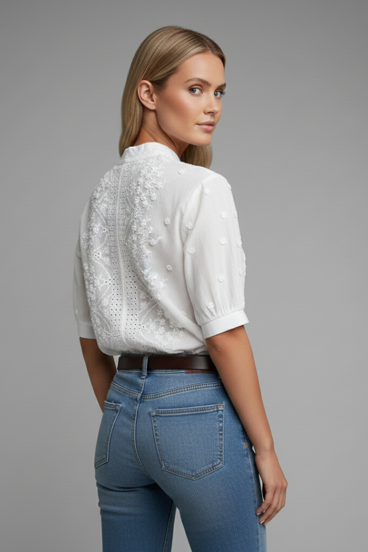 Orlena | Women’s Embroidered Lace Blouse – Split Neck Half Sleeve Top