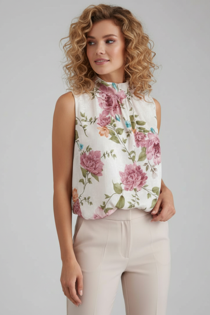 Ormira | Women’s Floral Sleeveless Blouse – High Neck Gathered Detail Top