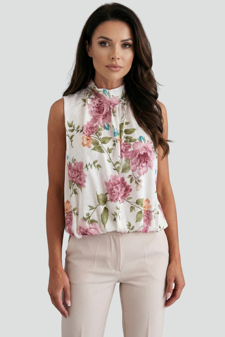Ormira | Women’s Floral Sleeveless Blouse – High Neck Gathered Detail Top