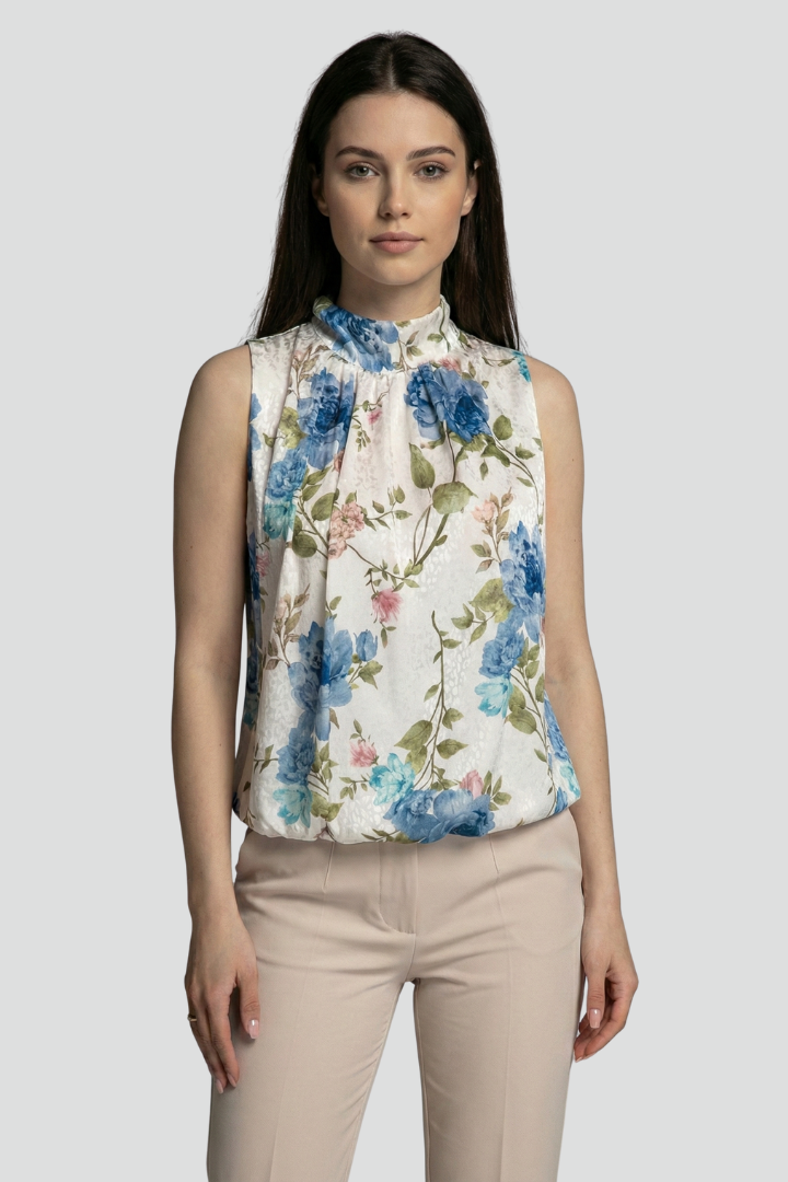 Ormira | Women’s Floral Sleeveless Blouse – High Neck Gathered Detail Top