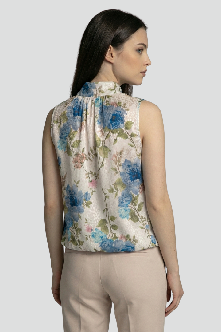 Ormira | Women’s Floral Sleeveless Blouse – High Neck Gathered Detail Top