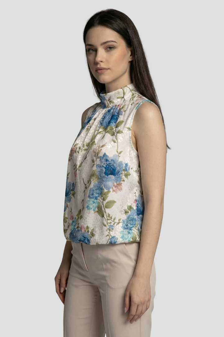Ormira | Women’s Floral Sleeveless Blouse – High Neck Gathered Detail Top