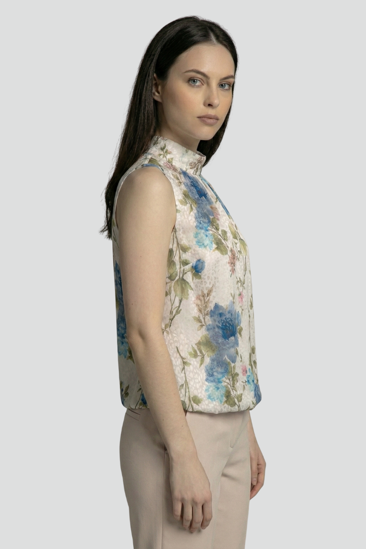Ormira | Women’s Floral Sleeveless Blouse – High Neck Gathered Detail Top