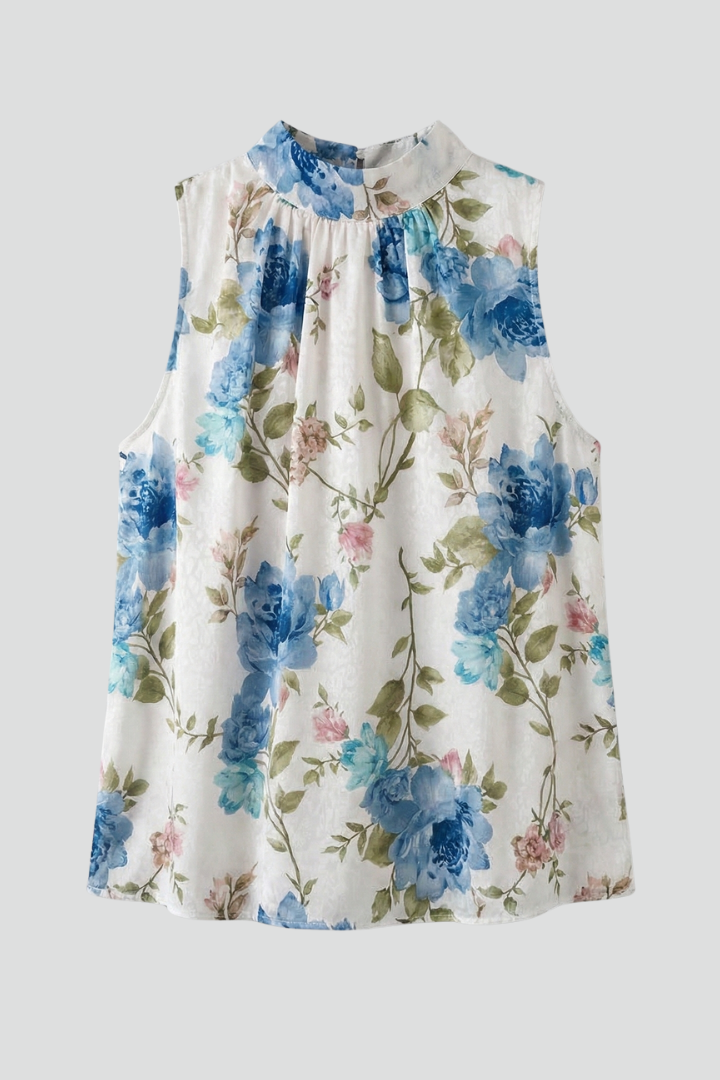 Ormira | Women’s Floral Sleeveless Blouse – High Neck Gathered Detail Top