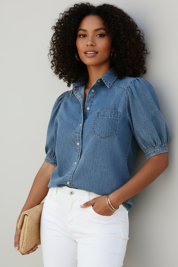 Orvessa | Women’s Denim Shirt – Puff Sleeve Button-Up Blouse, Relaxed Fit Collared Top