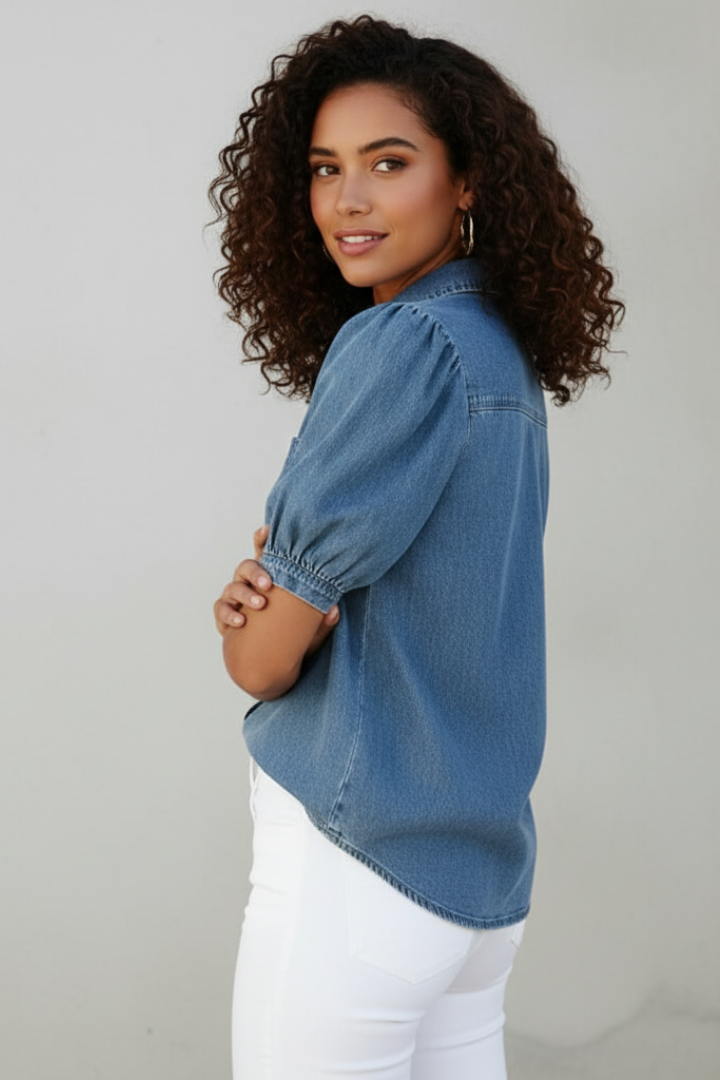 Orvessa | Women’s Denim Shirt – Puff Sleeve Button-Up Blouse, Relaxed Fit Collared Top