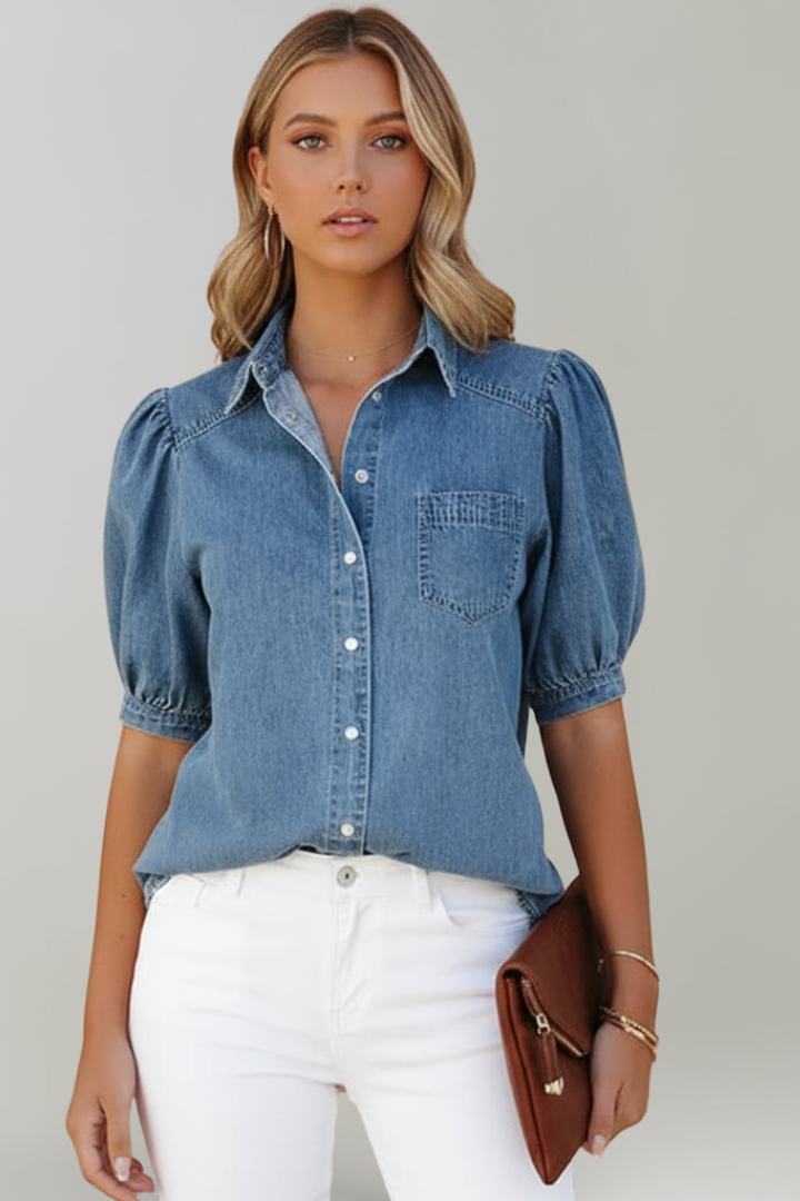 Orvessa | Women’s Denim Shirt – Puff Sleeve Button-Up Blouse, Relaxed Fit Collared Top